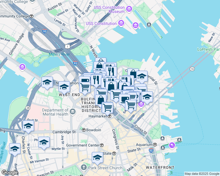 map of restaurants, bars, coffee shops, grocery stores, and more near 7 Endicott Court in Boston