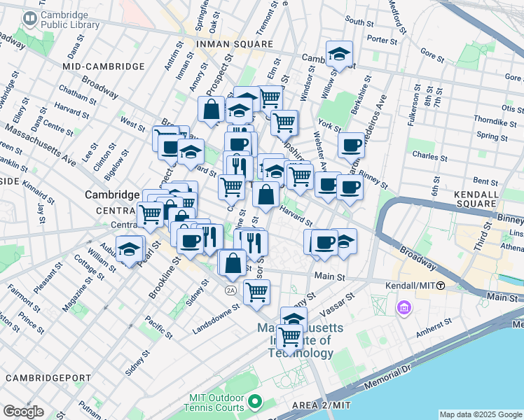 map of restaurants, bars, coffee shops, grocery stores, and more near 151R Cherry Street in Cambridge