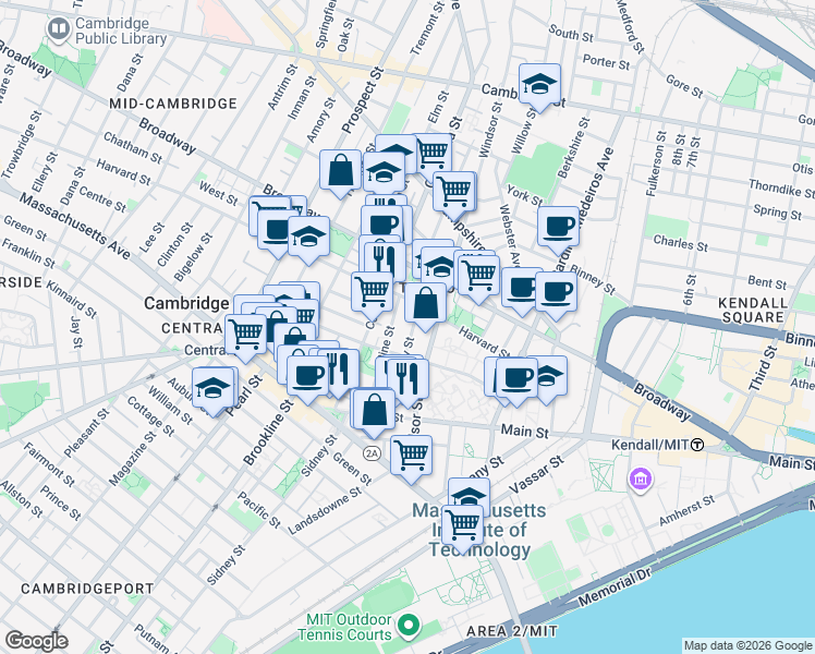 map of restaurants, bars, coffee shops, grocery stores, and more near 151R Cherry Street in Cambridge