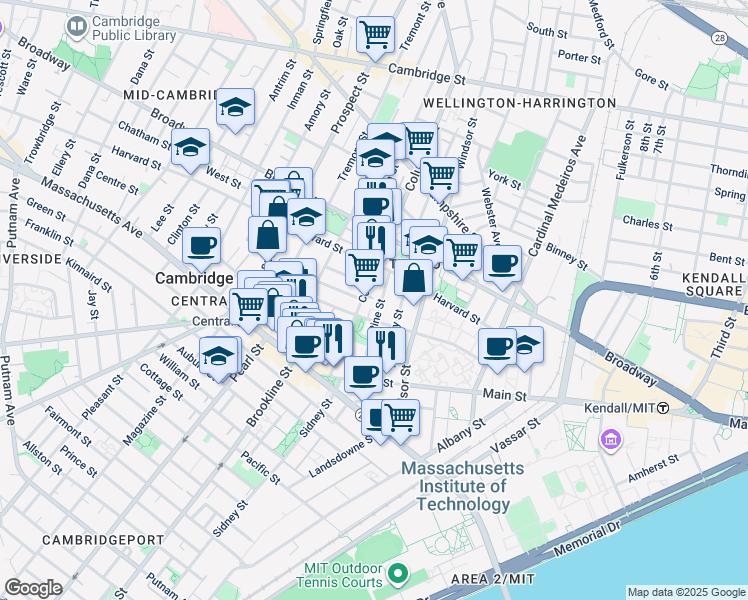 map of restaurants, bars, coffee shops, grocery stores, and more near in Cambridge
