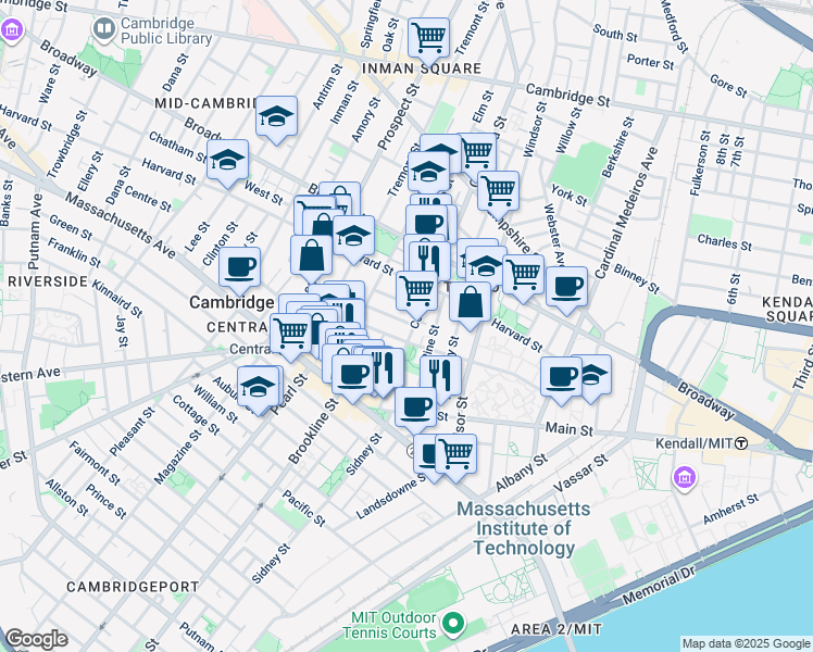 map of restaurants, bars, coffee shops, grocery stores, and more near in Cambridge