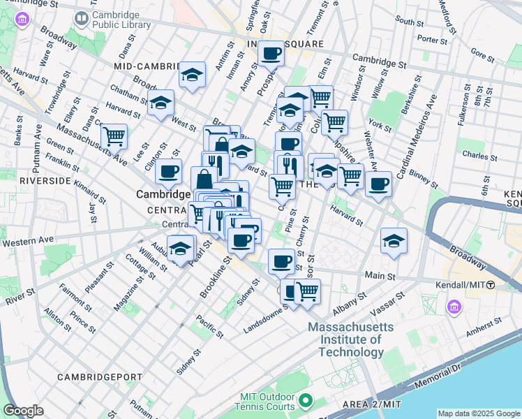 map of restaurants, bars, coffee shops, grocery stores, and more near 385 Washington Street in Cambridge