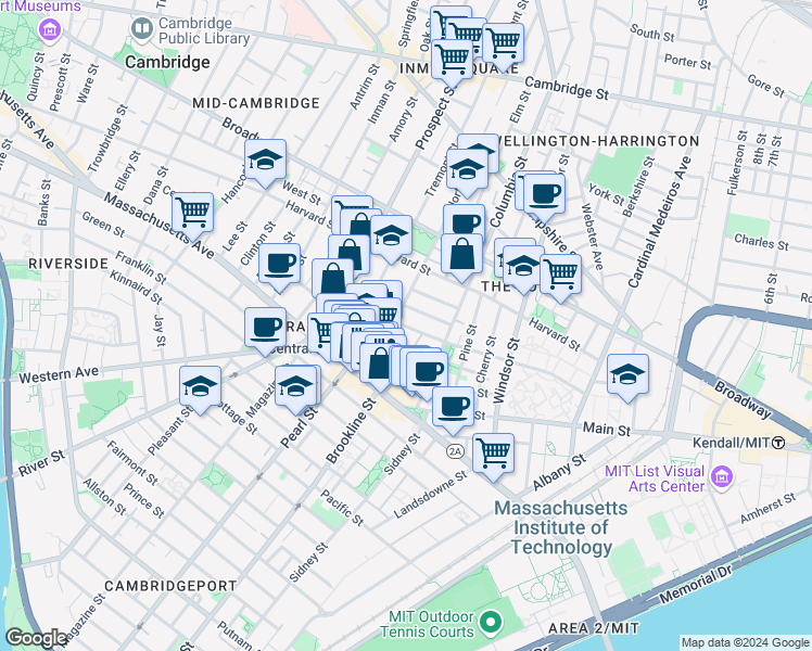 map of restaurants, bars, coffee shops, grocery stores, and more near 385 Washington Street in Cambridge