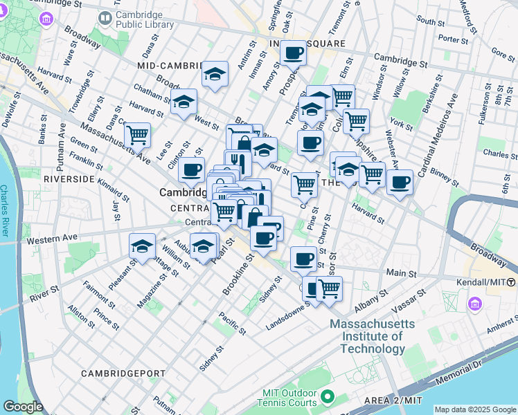 map of restaurants, bars, coffee shops, grocery stores, and more near 5 Ashburton Place in Cambridge