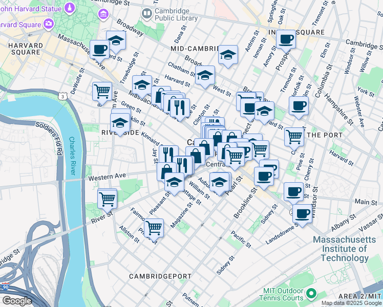 map of restaurants, bars, coffee shops, grocery stores, and more near 345 Franklin Street in Cambridge