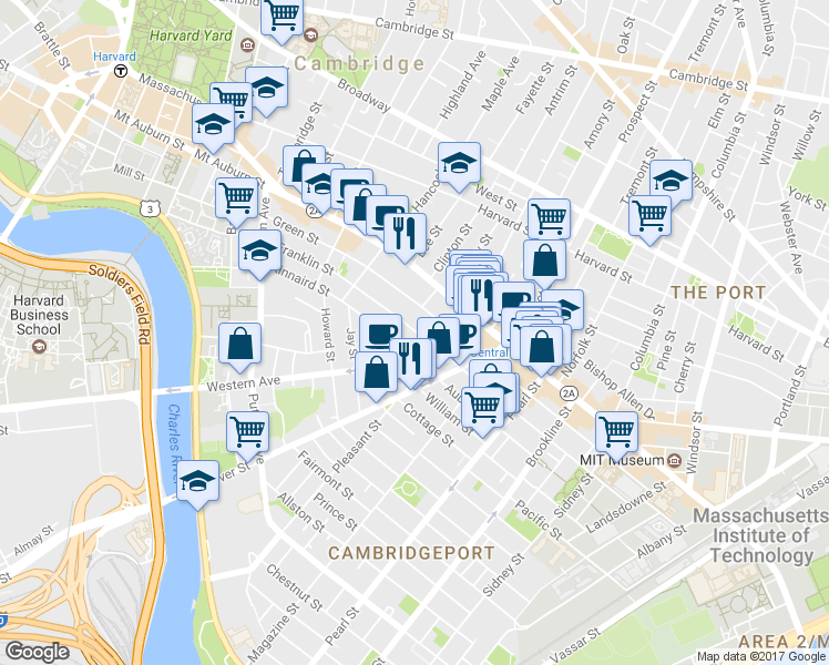 map of restaurants, bars, coffee shops, grocery stores, and more near 345 Franklin Street in Cambridge