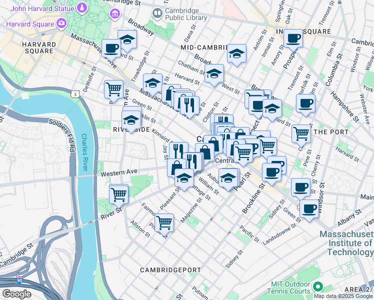 map of restaurants, bars, coffee shops, grocery stores, and more near 345 Franklin Street in Cambridge