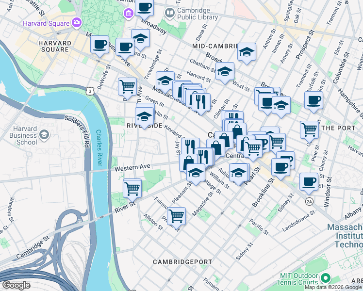 map of restaurants, bars, coffee shops, grocery stores, and more near in Cambridge
