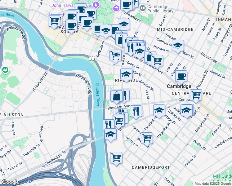 map of restaurants, bars, coffee shops, grocery stores, and more near 31 Peabody Terrace in Cambridge