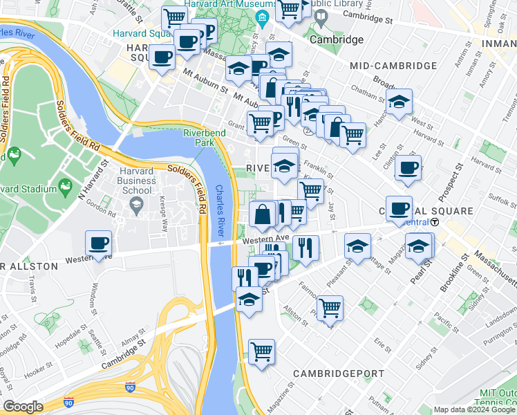 map of restaurants, bars, coffee shops, grocery stores, and more near 31 Peabody Terrace in Cambridge