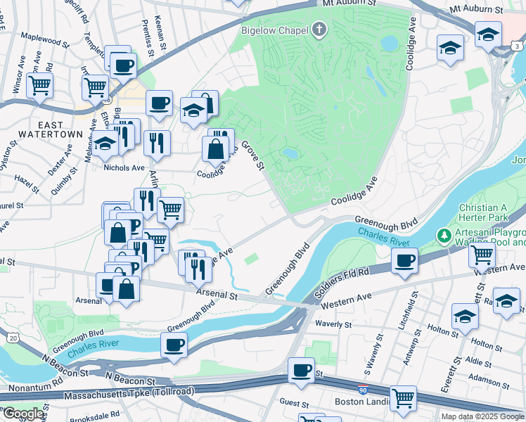 map of restaurants, bars, coffee shops, grocery stores, and more near 114 Coolidge Avenue in Watertown
