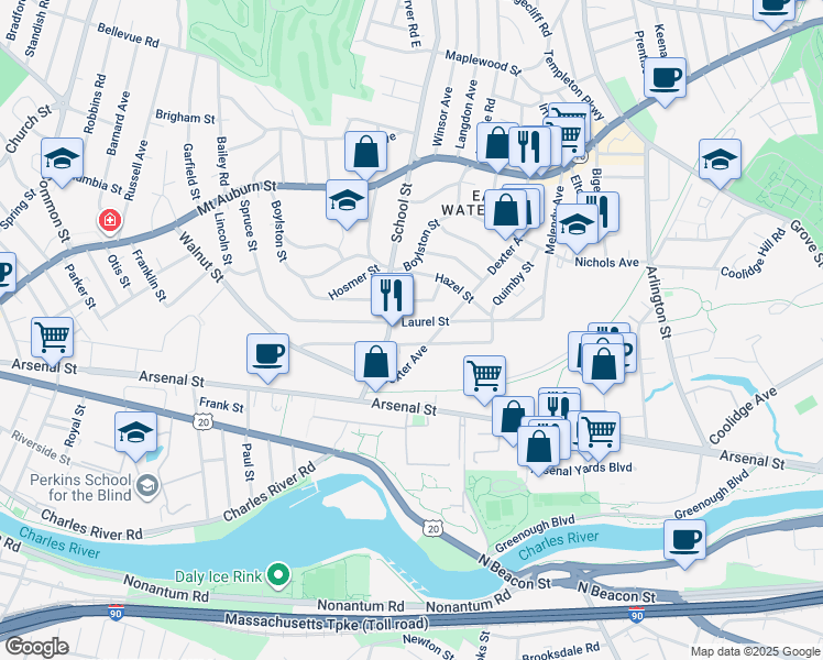 map of restaurants, bars, coffee shops, grocery stores, and more near 29 Laurel Street in Watertown