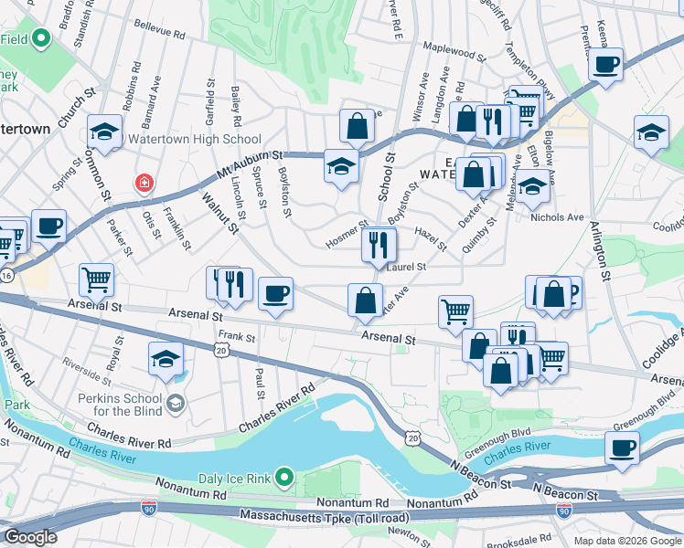 map of restaurants, bars, coffee shops, grocery stores, and more near 155 Spruce Street in Watertown