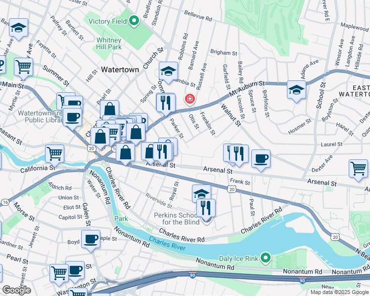 map of restaurants, bars, coffee shops, grocery stores, and more near 44 Washburn Street in Watertown