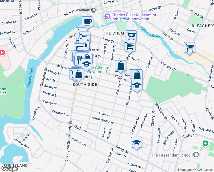 map of restaurants, bars, coffee shops, grocery stores, and more near 92 Myrtle Street in Waltham