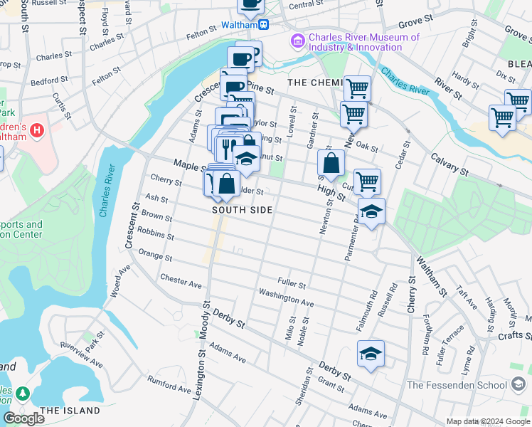 map of restaurants, bars, coffee shops, grocery stores, and more near 67 Myrtle Street in Waltham