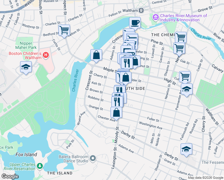 map of restaurants, bars, coffee shops, grocery stores, and more near 77 Ash Street in Waltham