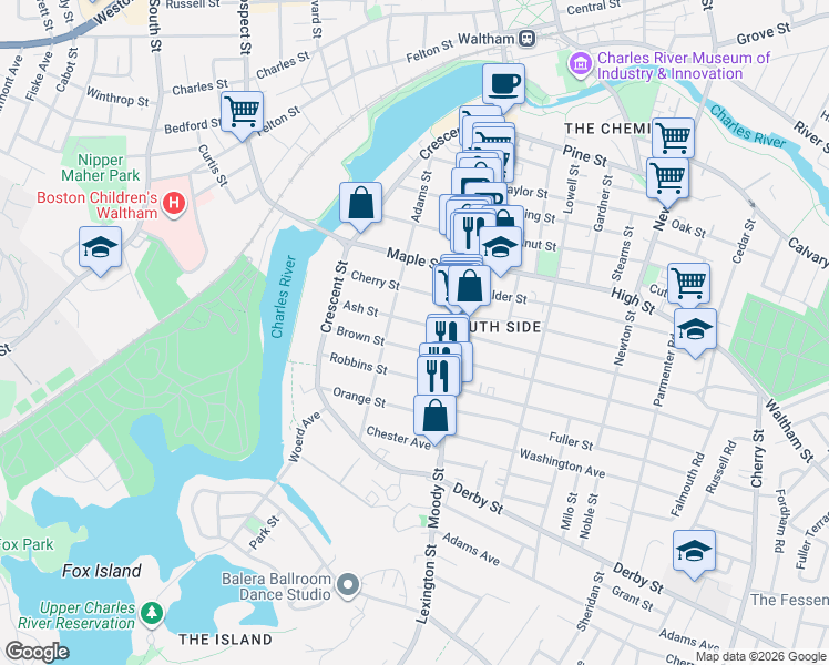 map of restaurants, bars, coffee shops, grocery stores, and more near 77 Ash Street in Waltham