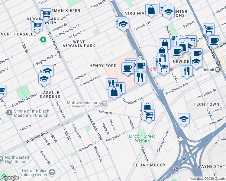 map of restaurants, bars, coffee shops, grocery stores, and more near 7364 Kipling Avenue in Detroit