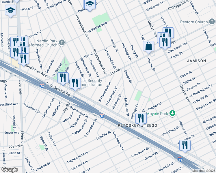 map of restaurants, bars, coffee shops, grocery stores, and more near 9054 North Martindale Street in Detroit