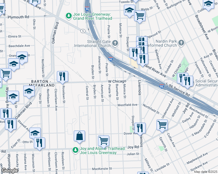 map of restaurants, bars, coffee shops, grocery stores, and more near 9451 Prairie Street in Detroit