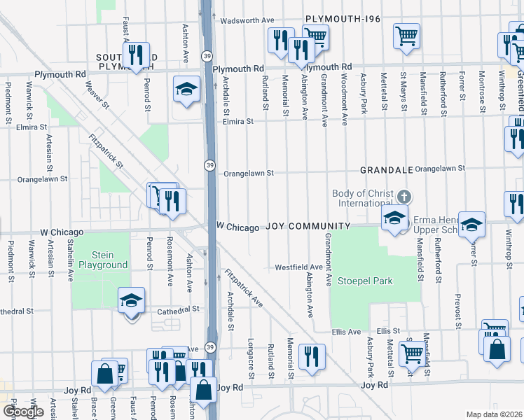 map of restaurants, bars, coffee shops, grocery stores, and more near 9556 Longacre Street in Detroit