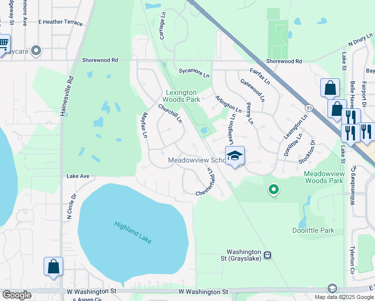 map of restaurants, bars, coffee shops, grocery stores, and more near 1341 Chesterfield Lane in Grayslake