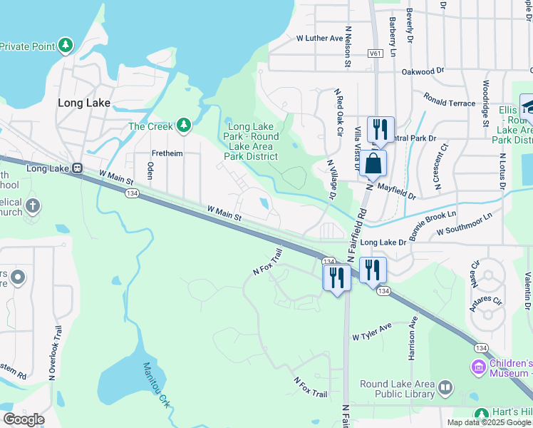 map of restaurants, bars, coffee shops, grocery stores, and more near 1480 Spring Brook Court in Round Lake Beach