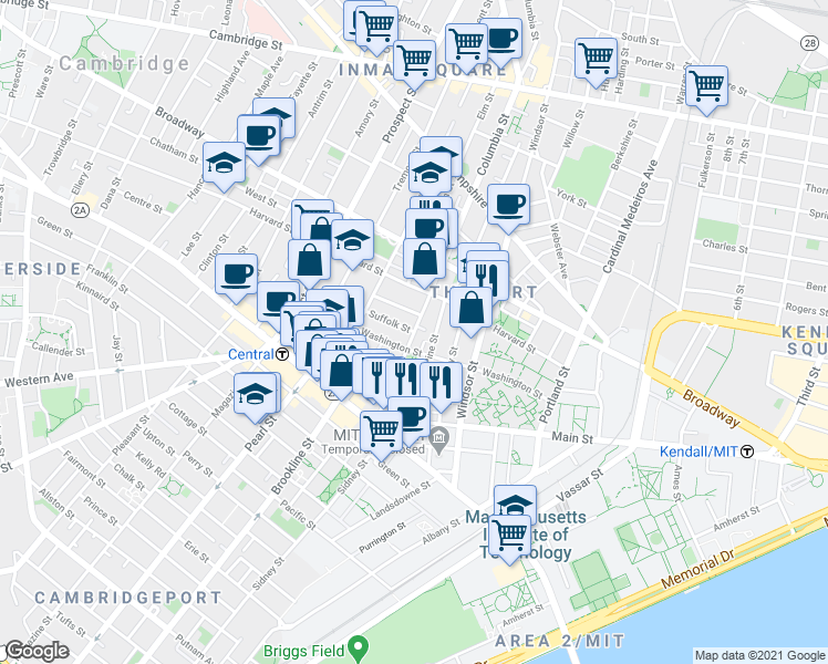 map of restaurants, bars, coffee shops, grocery stores, and more near Columbia St & Suffolk St in Mid-Cambridge