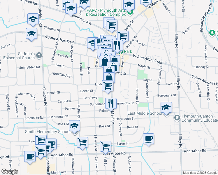 map of restaurants, bars, coffee shops, grocery stores, and more near 728 South Main Street in Plymouth