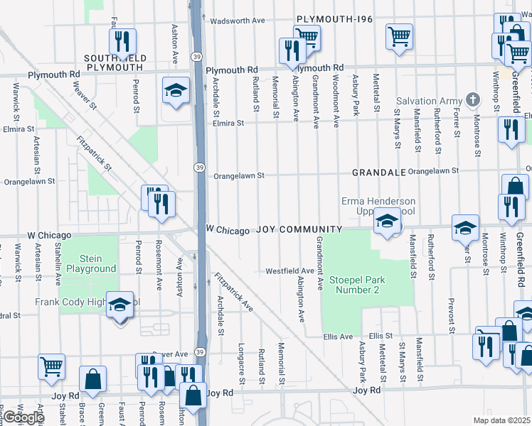 map of restaurants, bars, coffee shops, grocery stores, and more near 9550 Rutland Street in Detroit