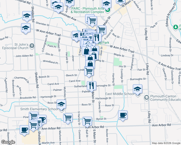 map of restaurants, bars, coffee shops, grocery stores, and more near 728 South Main Street in Plymouth