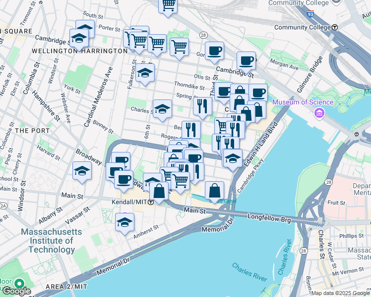 map of restaurants, bars, coffee shops, grocery stores, and more near in Cambridge