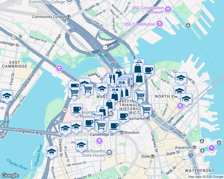map of restaurants, bars, coffee shops, grocery stores, and more near 1 Nashua Street in Boston