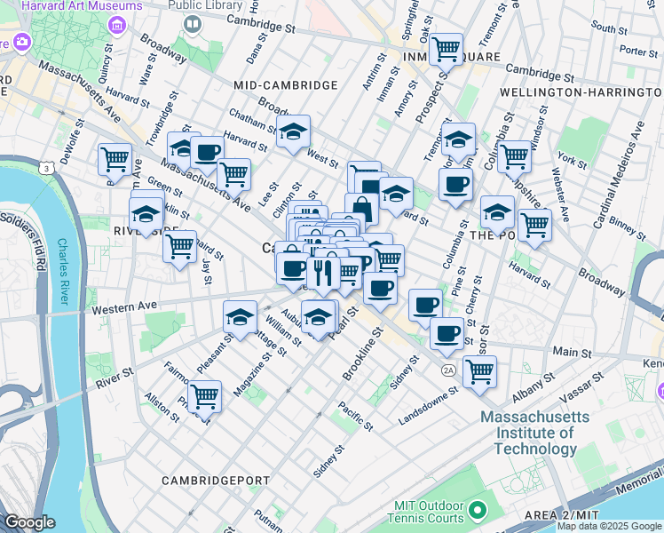 map of restaurants, bars, coffee shops, grocery stores, and more near in Cambridge