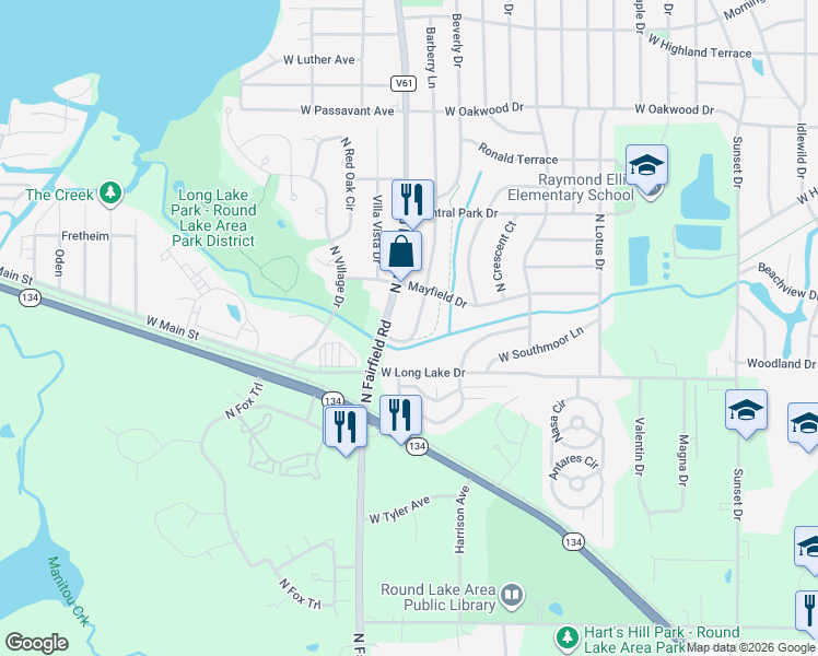 map of restaurants, bars, coffee shops, grocery stores, and more near 924 Barberry Lane in Round Lake Beach