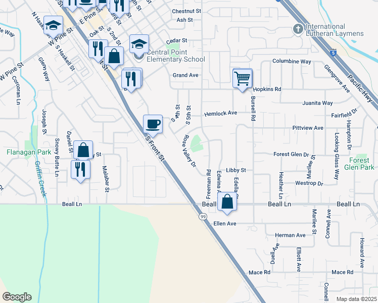 map of restaurants, bars, coffee shops, grocery stores, and more near 1001 Rose Valley Drive in Central Point