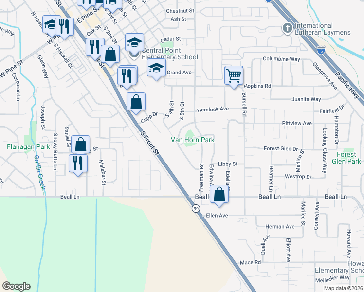 map of restaurants, bars, coffee shops, grocery stores, and more near 1001 Rose Valley Drive in Central Point