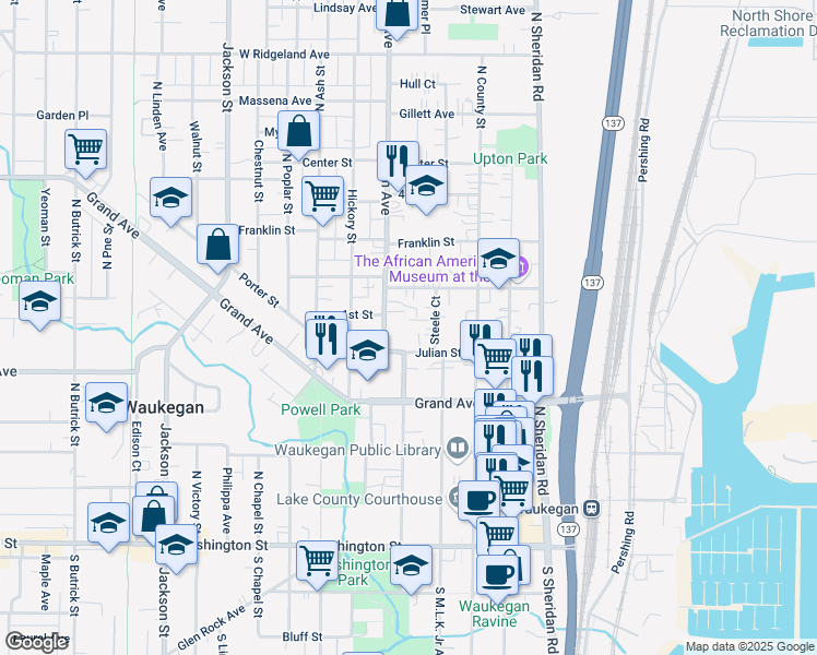 map of restaurants, bars, coffee shops, grocery stores, and more near 421 Lawn Ct in Waukegan