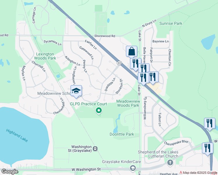 map of restaurants, bars, coffee shops, grocery stores, and more near 1433 Doolittle Lane in Grayslake