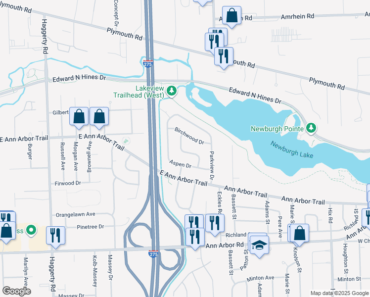 map of restaurants, bars, coffee shops, grocery stores, and more near 11404 Cedar Lane in Plymouth