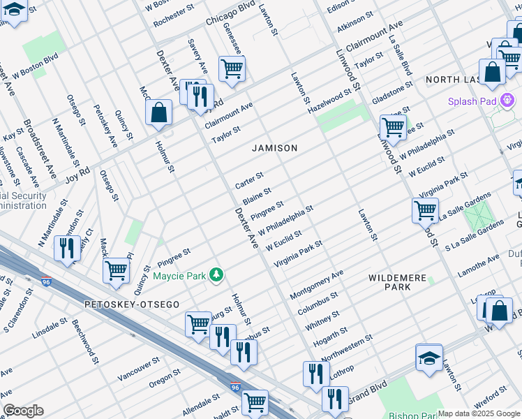 map of restaurants, bars, coffee shops, grocery stores, and more near 3324 Pingree Street in Detroit