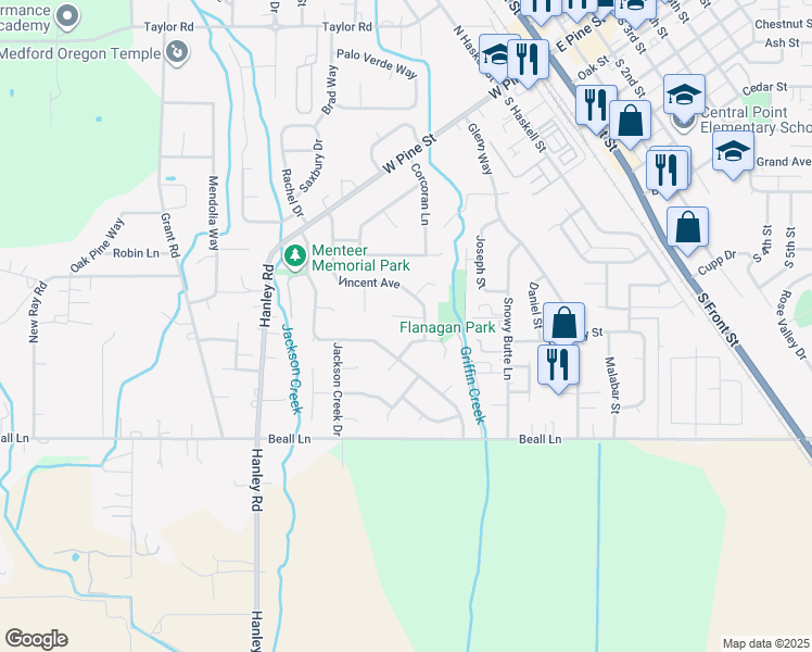 map of restaurants, bars, coffee shops, grocery stores, and more near 117 Justin Court in Central Point