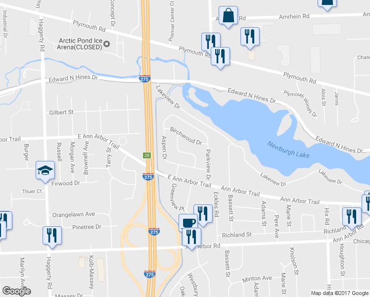 map of restaurants, bars, coffee shops, grocery stores, and more near 11404 Cedar Lane in Plymouth