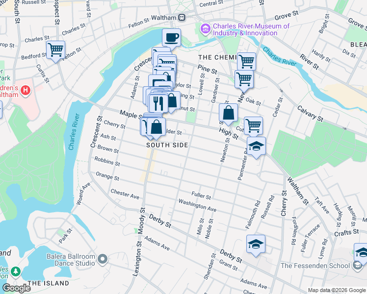 map of restaurants, bars, coffee shops, grocery stores, and more near 67 Myrtle Street in Waltham