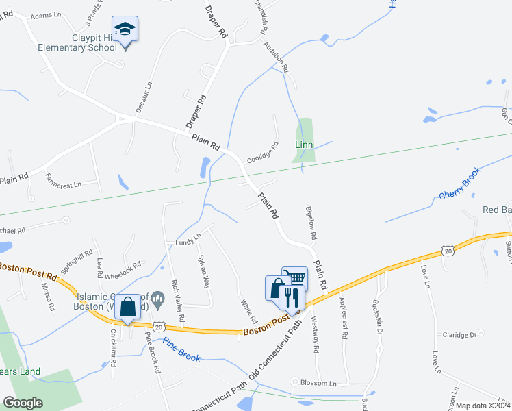 map of restaurants, bars, coffee shops, grocery stores, and more near 4 Fields Lane in Wayland
