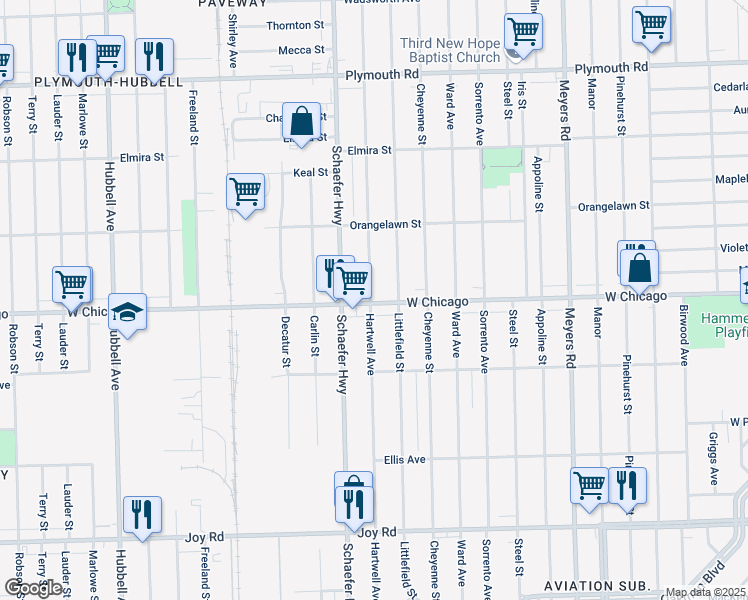 map of restaurants, bars, coffee shops, grocery stores, and more near 13344 West Chicago in Detroit