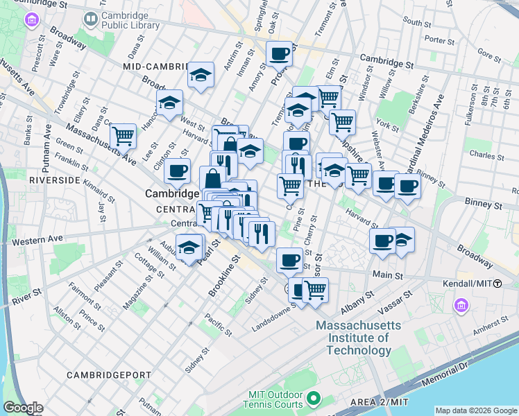 map of restaurants, bars, coffee shops, grocery stores, and more near 385 Washington Street in Cambridge