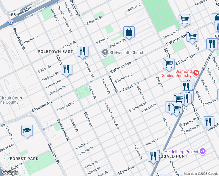 map of restaurants, bars, coffee shops, grocery stores, and more near 4754 Mitchell Street in Detroit