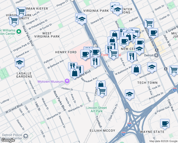 map of restaurants, bars, coffee shops, grocery stores, and more near W Grand Blvd & Trumbull St in Detroit